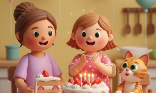 Petite fille de 2 ans, joyeuse, cheveux courts châtain clair, robe rose à pois blancs, applaudissant en regardant un gâteau rond à la crème blanche garni de fraises et de petites bougies allumées; sa mère d'environ 30 ans, cheveux bruns attachés, souriante, tient une part de gâteau à gauche; un chat tigré orange et blanc nommé Minou, yeux verts, se dresse sur ses pattes arrière à droite, curieux; cuisine aux murs jaune doux, table en bois clair avec nappe à carreaux rouges et blancs et ballons pastel au plafond; lumière douce, palette vive, ambiance joyeuse et calme, composition centrée sur la fillette et le gâteau.