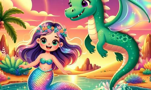 Au premier plan, une sirène nommée Perle nage joyeusement dans une oasis secrète, avec des écailles colorées et un large sourire. Sa queue irisée brille sous le soleil. À ses côtés, un dragon d'émeraude nommé Émeraude flotte dans les airs, affichant une expression amicale. L'oasis est entourée de dunes dorées, de palmiers et de fleurs colorées, sous un ciel rose et orange. Perle et Émeraude s'amusent ensemble, éclaboussant l'eau et créant une pluie de gouttelettes scintillantes.