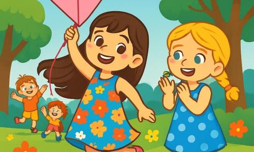 Une petite fille de 6 ans, Ella, avec de longs cheveux bruns et des yeux pétillants, danse en souriant. Elle porte une robe colorée à fleurs et des sandales roses, tenant un cerf-volant en papier rose. À côté d'elle, Lila, également âgée de 6 ans, aux cheveux blonds et tressés, applaudit, vêtue d'une robe bleue à pois. Elles se trouvent dans un jardin verdoyant, rempli de fleurs et d'arbres sous un ciel bleu clair, s'amusant ensemble avec d'autres enfants qui jouent et rient, créant une ambiance joyeuse.