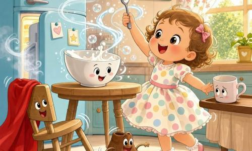 Lili, fillette de 2 ans aux yeux ronds et brillants, sourit émerveillée dans une robe à pois pastel en faisant tournoyer une cuillère brillante comme une baguette qui crée des bulles de lait et des petites étincelles; un bol blanc au visage joyeux posé sur la table semble parler, une chaise en bois avec une petite cape rouge accrochée au dossier semble danser, une tasse timide sur un plateau à droite la regarde, le chausson 