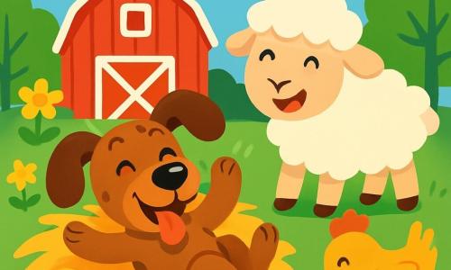 Un chien joyeux nommé Polo, avec de grandes oreilles, une truffe noire et un pelage brun tacheté, se roule dans un tas de foin, les yeux pétillants et la langue tirée. À côté de lui, Léon le mouton, doux avec sa laine blanche, se tient debout en riant, tandis que Mimi la poule, avec ses plumes dorées, picore des grains de maïs en les observant. En arrière-plan, la ferme est colorée : une grange rouge, des fleurs jaunes et des arbres verts sous un ciel bleu. La scène montre Polo, Léon et Mimi s’amusant ensemble dans le foin, créant une ambiance joyeuse.