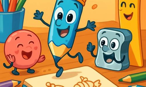 Gribou, un petit crayon bleu souriant, danse joyeusement sur une table en bois, tandis que la gomme rose rit en essayant d'attraper des miettes invisibles. Le taille-crayon en métal applaudit, près de la règle sérieuse qui sourit malicieusement. La scène colorée est remplie de crayons, feutres et un carnet ouvert avec des dessins de gâteaux. Gribou danse au centre, entouré de ses amis, dans une ambiance festive et joyeuse.