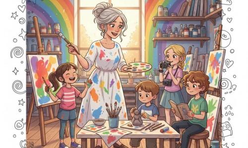 Une artiste souriante et bienveillante aux cheveux gris en chignon porte une robe tachée de peintures, tenant un large pinceau et une palette, entourée de quatre enfants : Clara (≈9 ans, queue de cheval, doigts peinturlurés) rit en peignant une grande toile à gauche, Thomas (≈10 ans, cheveux bouclés) esquisse des personnages dans un carnet à droite, Jules (≈8 ans, cheveux courts) modèle une petite sculpture en argile au centre, et Léa (≈11 ans, cheveux blonds tressés) photographie un coin lumineux de l'atelier. L'atelier est une grande pièce baignée de lumière dorée, murs en fresque arc‑en‑ciel, étagères de pots de peinture, toiles alignées, pinceaux en bocaux et plancher taché ; l'ambiance est joyeuse et créative avec mouvements, éclaboussures de peinture et petits doodles flottants.