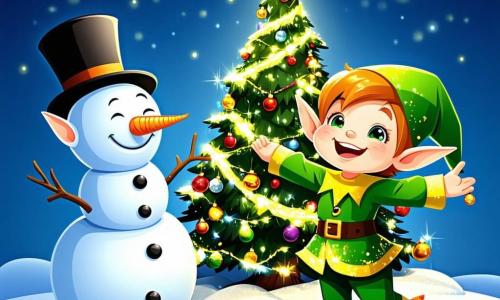Un petit lutin nommé Luminou, avec de grandes oreilles pointues et un costume vert orné de paillettes dorées, danse joyeusement autour d'un sapin magique illuminé. À ses côtés, un bonhomme de neige avec un nez en carotte et un chapeau haut de forme lève les bras en riant, tandis qu'une petite souris grise grignote une noisette sur une branche. Flocon, un renard au pelage blanc, observe le sapin décoré de guirlandes brillantes sous les flocons de neige. La scène se déroule dans une forêt enchantée, où les amis chantent et dansent, célébrant la magie de Noël et l'esprit d'amitié, sous une étoile brillante.