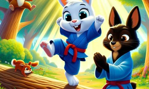 Un petit lapin blanc nommé Benjamin, en kimono de judo bleu, se tient au centre d'une clairière, prêt à sauter par-dessus un tronc d'arbre. À sa droite, Roger, un grand lapin noir, l'observe avec fierté, et à gauche, Lila, une petite écureuil rousse, saute de joie en l'encourageant. La clairière est baignée de lumière dorée, entourée d'arbres majestueux et de fleurs colorées. Benjamin s'élance courageusement pour sauter par-dessus le tronc, surmontant sa peur et réalisant son rêve de devenir champion de judo.