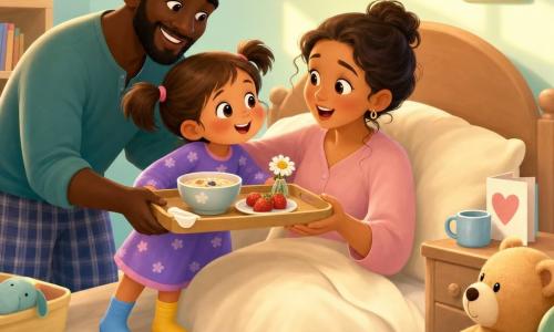 Une fillette de 4 ans aux cheveux bruns en couettes apporte un plateau de petit-déjeuner vers sa mère surprise et émue, serrée dans le lit pendant que le père tient la porte et aide à porter le plateau ; un ours en peluche sur une chaise observe la scène dans une chambre baignée de lumière matinale aux tons menthe et crème, ambiance douce, tendre et joyeuse, couleurs pastel et composition centrée pour les très jeunes enfants.