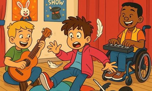 Trois garçons d’environ 9 ans sur une mini-scène de répétition : Max, cheveux bruns en bataille, veste rose et pantalon bleu, tombe de façon comique sur une pile de coussins avec une plume collée à l’épaule ; Léo, cheveux blonds courts, t-shirt vert, assis légèrement à gauche, tient une guitare orange dont une corde est coincée dans la plume, hilare et complice ; Tom, cheveux noirs courts, en fauteuil roulant moderne à droite et en retrait, porte un gilet jaune et appuie sur un petit clavier qui émet un bruit de canard, sourire malicieux. Lieu : sol en planches claires, rideau rouge partiellement tiré, guirlandes lumineuses, posters de spectacles, lampes projetant des ombres amusantes ; ambiance joyeuse, rires, mouvement et couleurs vives.