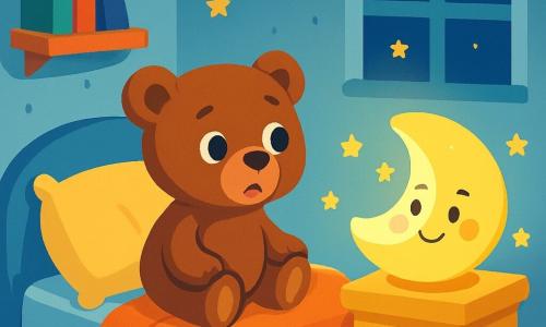 Un petit ours en peluche, Teddy, avec un pelage doux et brun, aux yeux ronds et brillants, se tient sur un lit douillet, l'air inquiet et curieux. À côté de lui, une veilleuse en forme de lune, Luna, rayonne d'une lumière douce, avec un visage souriant et des étoiles scintillantes. La chambre est petite et chaleureuse, avec des murs bleu pastel, des étoiles dorées au plafond, et un tapis moelleux. Des livres colorés sont sur une étagère, et une fenêtre laisse entrevoir des étoiles dans le ciel nocturne. Teddy écoute les bruits de la nuit, tandis que Luna éclaire les ombres.