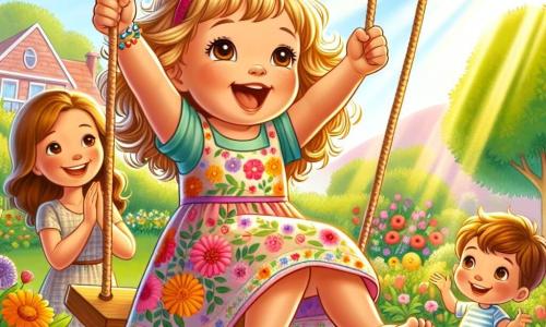 Lila, une petite fille de 4 ans aux cheveux bouclés et dorés, porte une robe colorée à fleurs et est assise sur une balançoire, le visage rayonnant de joie, les bras levés vers le ciel. Sa maman, une femme souriante d'une trentaine d'années avec des cheveux bruns, l'encourage en applaudissant. À côté, son petit frère Hugo, âgé de 2 ans avec des cheveux châtains, essaie de marcher en titubant, admirant sa sœur. Le jardin ensoleillé est rempli de fleurs colorées et d'autres enfants jouent. Lila surmonte sa peur et célèbre sa confiance, soutenue par sa famille.