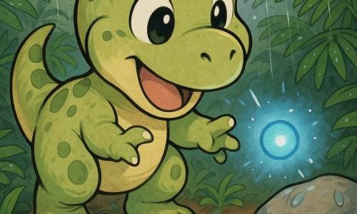 Timi, un petit Tyrannosaure Rex vert clair tacheté olive, aux yeux ronds, pattes potelées et bras courts, s'arrête, bouche ouverte et sourire timide, et tend la patte vers la Lueur-Guide — une petite boule de lumière bleue flottante près d'une pierre, avec halo et étincelles, qui pulse et l'invite; des fougères hautes effleurent ses pattes, le sol est brun et humide, la pierre grise couverte de gouttes, le ciel nuageux avec une pluie fine créant des reflets; ambiance douce, couleurs chaudes pour Timi et bleus lumineux pour la lueur, plan rapproché, expressions amicales.