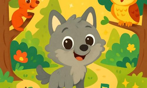 Un petit loup gris, curieux et émerveillé, se tient au centre d'une forêt enchantée. À sa droite, une chouette aux plumes dorées l'observe avec amusement. Derrière lui, un écureuil roux grimpe un tronc d'arbre, semblant vouloir lui montrer un secret. La forêt est magique, avec des arbres majestueux, des feuilles scintillantes et des fleurs colorées. Le loup se retrouve devant trois sentiers mystérieux : l'un sent la pomme, l'autre chante doucement, et le dernier brille de mille éclats. Il hésite sur le chemin à choisir pour commencer son aventure.