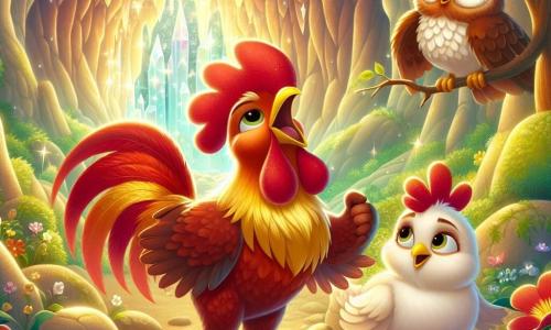 Un coq flamboyant nommé Gustave, avec un plumage rouge, or et chocolat, se tient fièrement au centre, affichant courage et détermination. Il chante avec enthousiasme, prêt à affronter l'inconnu. À ses côtés, Mademoiselle Poupette, une poule aux plumes blanches, le regarde avec admiration. Léonard, le sage hibou aux plumes brunes, est perché sur une branche, observant la scène avec bienveillance. La scène se déroule à l'entrée d'une grotte scintillante, entourée d'arbres majestueux et de fleurs colorées. La lumière du soleil illumine les cristaux à l'intérieur de la grotte, créant une atmosphère magique. Gustave et ses amis se tiennent devant la grotte, prêts à découvrir le trésor caché derrière un nu noir menaçant, symbolisant leur courage et leur amitié.