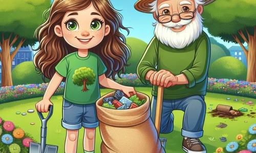 Une fille de 10 ans, avec de longs cheveux châtains et des yeux curieux, sourit en tenant un sac en toile rempli de déchets. Elle porte un t-shirt vert avec un motif d'arbre et un short en jean, entourée de fleurs colorées. À ses côtés, Henri, un homme de 70 ans avec un chapeau de paille et une barbe blanche, sourit en tenant une pelle, prêt à planter des fleurs. Le parc est verdoyant, avec des arbres, des buissons fleuris et un ciel bleu, où des oiseaux volent. La scène montre Camille et Henri nettoyant le parc pour préserver la beauté de la nature.