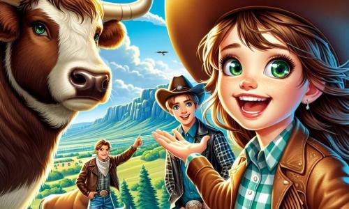 Au premier plan, Bella, une cow-girl de 12 ans, a de longs cheveux bruns, des yeux verts pétillants et un large sourire. Elle porte un chapeau de cow-boy, une chemise à carreaux et un jean, tendant la main vers un taureau majestueux. À côté, Jake, également âgé de 12 ans, avec un chapeau de cow-boy et des cheveux châtains, l'observe avec admiration, portant une veste en cuir et un bandana. Le décor est une colline verdoyante entourée d'arbres et d'un ciel bleu, avec des collines et des prairies en arrière-plan, créant une atmosphère d'aventure. Bella et Jake font face au taureau, symbolisant leur courage et leur détermination à découvrir un trésor caché tout en respectant la nature.