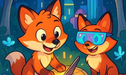 Un jeune renard nommé Félix, au pelage roux et aux yeux curieux, se tient dans une clairière futuriste, les oreilles dressées et le museau ouvert, exprimant l'émerveillement. À ses côtés, Mia, une renarde avec des lunettes holographiques, observe un cadran solaire ancien qui émet une douce lumière. La clairière est magique, entourée d'arbres argentés et de fleurs luminescentes, avec des bâtiments futuristes en arrière-plan. Félix pose sa patte sur le cadran solaire, déclenchant un éclat de lumière qui illumine son visage, tandis que Mia l'encourage, créant une atmosphère d'aventure.