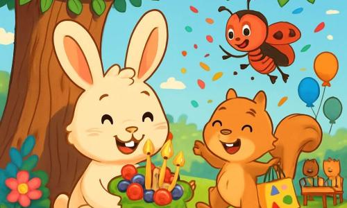 Plumie, un petit lapin aux grandes oreilles et au pelage doux, est assis sous un chêne, souriant et joyeux. Il tient un gâteau en forme de feuille décoré de fraises et de myrtilles avec des bougies allumées. À côté, Filou, un écureuil malicieux, saute de joie avec un sac de jeux colorés. Lila, une coccinelle aux ailes rouges, vole autour d'eux en agitant des confettis. Le jardin est rempli de fleurs éclatantes et de guirlandes de feuilles, sous un ciel bleu clair. Des amis animaux se rassemblent autour de tables, prêts à célébrer. La scène montre Plumie entouré de ses amis chantant joyeusement pour son anniversaire, avec des ballons et des rires dans l'air.