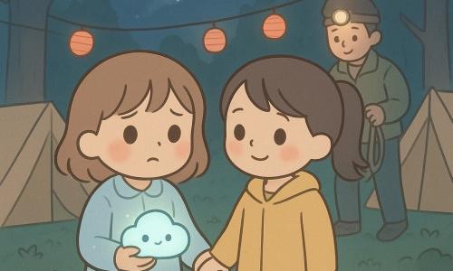 Maya, fillette de 10 ans au regard inquiet mais rassuré, tient une veilleuse nuage bleu pâle tandis que sa amie Lila, aussi âgée d'environ 10 ans, lui tient la main et sourit calmement; en arrière-plan à droite, un éducateur d'une trentaine d'années ramasse des cordes près d'une tente en éclairant la scène d'une lampe frontale chaude. Le camp, en lisière de forêt la nuit, présente des tentes beiges, des lampions orange et rose balisant un sentier, troncs sombres et mousse au sol; le vent agite doucement la toile et les lampions, la veilleuse crée un cercle de lumière autour des deux filles qui contemplent la voie lactée. Palette douce, faibles contrastes, traits ronds et expressions claires, composition centrée sur les deux filles, ambiance paisible avec une légère tension.