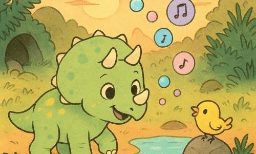 Petit tricératops joyeux et curieux aux trois cornes courtes et arrondies, peau vert pâle tachetée de jaune, yeux ronds et brillants et sourire doux, marche doucement une patte levée la tête tournée vers une mare scintillante avec une expression émerveillée; de petites bulles lumineuses musicales pastel (rose, bleu, violet) avec des notes flottent au-dessus de la mare; à droite, un minuscule oiseau-dinosaure aux plumes jaunes perché sur une pierre gazouille en regardant les bulles; décor : grande plaine au lever de soleil orangé, hautes fougères vert foncé, quelques rochers ronds et une petite grotte sombre à gauche en arrière-plan; situation : le tricératops hésite à un embranchement entre fougères, grotte et mare qui émet une musique magique attirant son regard.