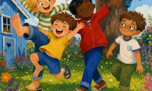 Quatre garçons dans un jardin ensoleillé font ensemble un pas de géant imaginaire : Léo (7 ans, cheveux blonds en bataille, yeux verts) à gauche lève un grand pied, Max (6 ans, peau claire, taches de rousseur, cheveux bruns courts) saute en riant sur la pointe des pieds juste devant lui, Sami (8 ans, cheveux noirs lisses, veste rouge) au centre ferme les yeux et avance lentement les bras ouverts, et Nino (7 ans, cheveux châtain clair, lunettes rondes) à droite tient la main de Sami en souriant timidement ; arrière-plan avec grande pelouse, vieux chêne, petite cabane bleue à gauche, bottes et sandales éparpillées, fleurs et oiseaux, composition centrale et dynamique, couleurs vives et textures de peinture acrylique visibles, ambiance loufoque et douce.