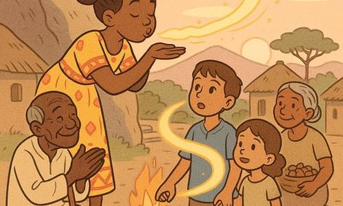 Aïssa, heureuse et déterminée, lèvres pincées en train de souffler une poignée de poussière dorée qui forme un ruban tourbillonnant enveloppant doucement les villageois se tenant la main en signe de réconciliation et de joie; à sa gauche Koffi, vieil homme ridé au sourire bienveillant, assis avec une canne et applaudissant; à sa droite un garçon aux yeux miel d'environ 8 ans tenant la main d'une fillette de 6 ans en pagne vert, bouche entrouverte d'émerveillement; derrière le feu de camp, une femme d'environ 60 ans aux cheveux gris nattés portant un panier de noix la regarde apaisée; village africain au pied d'un grand rocher rugueux, cases en torchis et toits de chaume, petites marches en terre, feu de camp au centre, silhouettes d'arbres et collines au loin sous un ciel rose de lever de soleil.