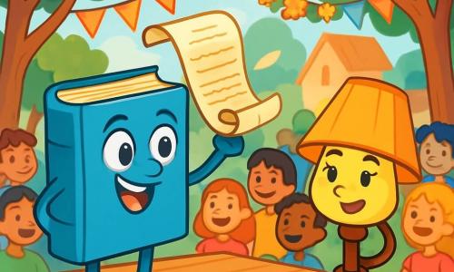 Giro, un livre aux pages dorées et à la couverture bleu azur, se tient sur une table en bois, les yeux pétillants et un grand sourire. Il brandit un parchemin rempli d'histoires sur l'égalité, ses pages virevoltant dans la brise. À ses côtés, Nora, une petite lampe avec un abat-jour ambré, éclaire la scène d'une lumière douce. Elle a un regard déterminé et se penche légèrement en avant pour encourager Giro à partager son message. En arrière-plan, le village de Clairval est animé, avec des décorations colorées et des enfants rassemblés autour d'eux, écoutant attentivement. Giro et Nora parlent avec passion au festival de l'égalité, entourés d'une foule joyeuse, tous unis pour célébrer la diversité et l'équité.