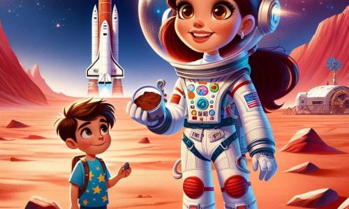 Clara, une astronaute d'une trentaine d'années, se tient sur la surface rouge de Mars, souriante et émerveillée. Elle porte une combinaison spatiale blanche avec des détails colorés et un casque transparent qui reflète le paysage martien. Ses cheveux bruns sont en queue de cheval et elle tient un échantillon de sol. À proximité, Hugo, un garçon de douze ans, l'observe avec admiration, portant un t-shirt bleu et tenant une maquette de fusée, rêvant de devenir astronaute. Le paysage martien est spectaculaire, avec des dunes de sable rouge et un ciel bleu parsemé d'étoiles. En arrière-plan, une fusée décolle, laissant une traînée de fumée. Clara découvre Mars avec joie, tandis qu'Hugo rêve de l'exploration spatiale.