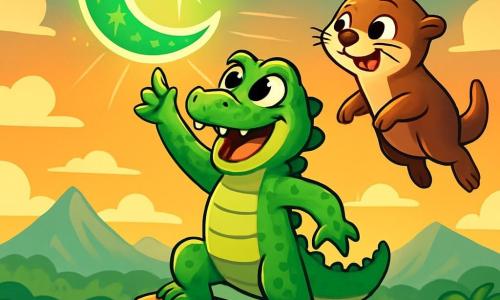 Un jeune crocodile nommé Gustave, avec des écailles vertes brillantes et des yeux pétillants de curiosité, se tient au sommet de la Montagne du Tambour, le cœur battant d'excitation. Il sourit largement, montrant ses petites dents blanches, tandis qu'une lumière dorée éclaire son visage joyeux. À ses côtés, Léa la loutre, avec son pelage brun doux et ses grands yeux malicieux, nage joyeusement dans l'air, prête à l'encourager. La scène se déroule au sommet d'une montagne majestueuse, entourée de nuages cotonneux et d'une jungle verdoyante. Gustave lève la patte pour attraper la Lune d'Émeraude scintillante, symbolisant l'aventure et le courage.