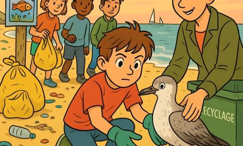Hugo, 10 ans, visage rond, cheveux châtains en bataille et regard déterminé, est accroupi sur le sable, ganté, en train de libérer délicatement une mouette blessée d'une ficelle plastique ; sa mère, ~35 ans, cheveux bruns en chignon et veste kaki, sourit et tient l'oiseau derrière lui à droite ; à gauche, trois enfants (2 garçons, 1 fille, 9–11 ans) aux habits colorés et sacs jaunes ramassent des déchets et regardent avec admiration ; la mouette, plumage gris et blanc sale, patte entourée d'une ficelle bleue et ailes semi-repliées, a l'air fatigué mais confiant ; la plage large, sable doré jonché de plastiques, filets et bouteilles, ouvre sur une mer turquoise et un ciel pastel au coucher avec quelques bateaux ; au premier plan, un grand sac de recyclage jaune et une benne verte « recyclage », un poteau affiche des dessins d'enfants « moins de plastique » ; ambiance bande dessinée franco-belge, couleurs chaudes et contours doux, composition centrée sur Hugo et la mouette pour exprimer compassion et action concrète.