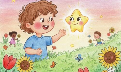 Léo, garçon de 2 ans aux cheveux bruns et joues roses, sourit émerveillé en tendant la main vers Stella, une petite étoile brillante aux yeux pétillants qui flotte au-dessus de fleurs colorées dans un jardin au crépuscule violet et rose ; ils se regardent au centre de la scène, entourés de papillons, dans un style naïf aux traits de crayon épais et aux couleurs douces.