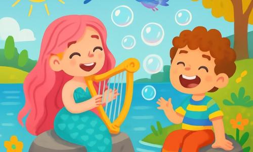 Une sirène joyeuse, Lulu, avec des écailles turquoise et des cheveux roses, joue de la harpe sur un rocher au bord d'un lac étincelant. Son visage rayonne de bonheur tandis qu'elle sourit à ses amis. À côté d'elle, Clémentino, un garçon de 8 ans aux cheveux bouclés, rit en faisant apparaître des bulles de savon magiques. Il est assis sur un rocher, les pieds dans l'eau, prêt à raconter une blague. En arrière-plan, le lac arc-en-ciel brille sous le soleil, entouré de fleurs multicolores et d'arbres aux feuilles dorées, tandis que des oiseaux volent dans le ciel. Lulu et Clémentino partagent des rires et des blagues, créant une ambiance joyeuse.