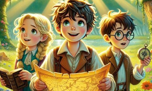 Dans une clairière ensoleillée, trois petits aventuriers se tiennent ensemble. Hugo, un garçon de neuf ans aux cheveux ébouriffés, brandit un vieux parchemin avec un grand sourire. À sa droite, Léa, une fille avec des tresses blondes et des lunettes rondes, observe attentivement la carte. À gauche, Tom, un garçon aux cheveux bruns et aux lunettes, tient une boussole ancienne, regardant le ciel avec émerveillement. Ils se trouvent dans un parc verdoyant avec de grands chênes et un étang scintillant. Les enfants sont en pleine exploration, prêts à résoudre une énigme pour découvrir un trésor caché, entourés de mystères à dévoiler.