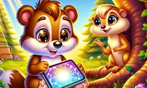 Un petit ours brun nommé Martin, avec un pelage doux et des yeux curieux, est assis sous un grand arbre. Il a l'air joyeux mais un peu triste, tenant un écran lumineux. À côté de lui, Lili la belette, avec son pelage beige et ses grands yeux brillants, sourit et l'invite à jouer. En arrière-plan, la clairière ensoleillée est remplie de fleurs colorées et d'arbres majestueux. Martin, absorbé par son écran, hésite à quitter son jeu pour rejoindre ses amis, tandis que Lili attend qu'il se décide à jouer à cache-cache.
