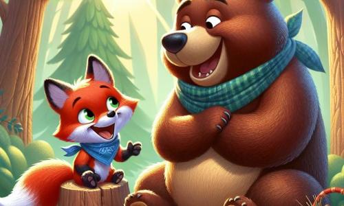 Félix le renard, un petit renard au pelage roux et aux yeux malicieux, est assis sur une souche d'arbre, riant avec espièglerie. Il porte un foulard bleu et ses oreilles sont dressées. À côté de lui, un ours jovial au pelage brun s'assoit sur l'herbe, riant de bon cœur avec un baluchon coloré à ses côtés. La scène se déroule dans une clairière ensoleillée, entourée d'arbres majestueux et de fleurs colorées, avec un doux rayon de soleil filtrant à travers les branches. Félix et l'ours discutent avec un vieux seau abandonné qui se plaint de son sort, créant une atmosphère joyeuse et ludique.