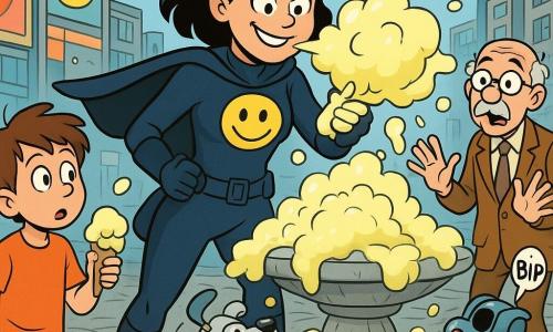 Capitaine Mousse, super-héroïne au sourire en coin, porte un costume bleu nuit avec cape courte et un grand logo bulle souriante; elle souffle une mousse banane épaisse depuis ses mains. À sa gauche, un garçon d’environ 8 ans, cheveux bruns en bataille, tient un cornet de glace fondant et regarde la mousse étonné. À droite, un homme d’environ 70 ans, moustachu et lunettes rondes, lève les bras surpris près d’une fontaine tandis qu’une trottinette autonome klaxonne. Un petit robot-chien argenté joue avec la mousse au premier plan. Sur la place centrale pavée, une grande fontaine déborde de mousse jaune, des panneaux publicitaires colorés et des immeubles modernes forment l’arrière-plan avec une tour de contrôle de drones au loin. Scène comique et dynamique, couleurs vives, contours nets et expressions exagérées à la manière de la bande dessinée franco-belge.