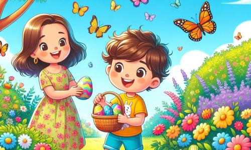 Un petit garçon de 4 ans, Lucas, cherche des œufs en chocolat dans un jardin verdoyant. Il porte un t-shirt jaune avec un lapin et un short bleu, son visage rayonne de joie. À ses côtés, sa maman, une femme d'une trentaine d'années avec des cheveux châtains en chignon, sourit en tenant un panier d'œufs colorés. Le jardin est enchanteur, rempli de fleurs colorées et de papillons. Lucas se penche pour ramasser un œuf en chocolat caché derrière un buisson, tandis que sa maman l'observe avec fierté, créant une atmosphère joyeuse de Pâques.