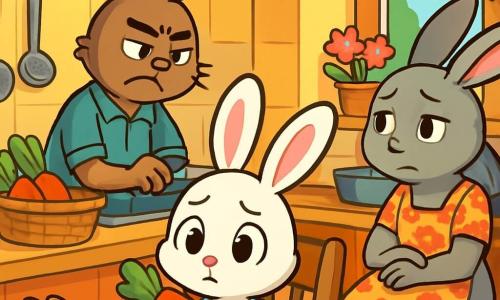 Lila, une petite lapine aux grandes oreilles soyeuses et au pelage blanc éclatant, est assise à la table de la cuisine, préoccupée et curieuse, tenant une carotte. Son papa, un lapin brun fatigué, range des carottes près de l'évier, tandis que sa maman, une lapine grise en tablier fleuri, est assise, pensive. La cuisine est chaleureuse avec des murs jaunes, une fenêtre ouverte et des pots de fleurs colorés. Lila observe ses parents en discussion intense, créant une atmosphère tendue, tandis que son petit frère Noé grignote des feuilles de pissenlit, insouciant.