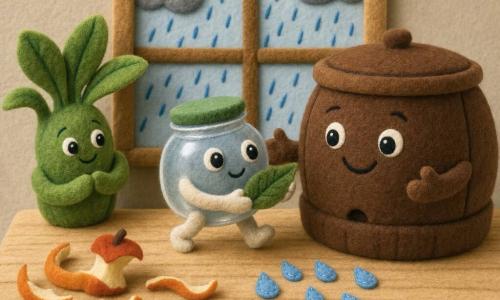 Petit Bocal, petit bocal en verre animé aux grands yeux cousus et sourire doux, tient une feuille verte en feutrine et avance vers Composteur Rond, grande poubelle de compost ronde en feutrine brune au visage brodé qui reçoit la feuille de ses bras, tandis qu'à gauche une petite plante en pot en feutrine incline ses larges feuilles en signe de remerciement; la scène centrée sur la table en bois claire, avec morceaux de peau de pomme et gouttes cousues, une fenêtre montre une pluie stylisée en fils bleus et nuages gris, lumière chaude, style feutrine tactile, formes nettes et couleurs vives.