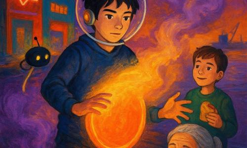 Maël, adolescent d'environ 15 ans, visage serein mais concentré, cheveux noirs en bataille et casque transparent bordé d'argent avec une petite lumière orange clignotante, tient un bouclier rond lumineux orange d'une main et dissipe de l'autre une brume violette qui se transforme en vapeur dorée ; à l'arrière, Lino, garçon d'environ 15 ans aux cheveux courts bruns et expression malicieuse, tient un sandwich et regarde Maël avec admiration depuis un quai des Docks de Néonville au crépuscule, quais en bois mouillés, entrepôts colorés et panneaux néon visibles ; au premier plan, une dame d'environ 70 ans aux cheveux gris en chignon, ridée mais souriante, reprend son souffle ; un petit drone noir rond nommé P’tit Bip, antenne timide et yeux lumineux, flotte près de Maël en s'éteignant, capturé par une corde lumineuse ; la scène montre la transition entre une fumée violette tourbillonnante et une brume dorée douce, reflets orange sur l'eau et les visages, style peinture acrylique aux coups de pinceau visibles, couleurs vives contrastées et éclairage dramatique venant du bouclier, composition centrée sur Maël en action.