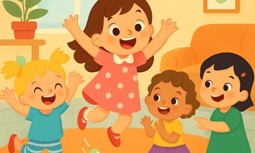 Quatre enfants s'amusent dans un salon coloré : Lila, 2 ans, en robe rose à pois, saute joyeusement ; Zoé, également 2 ans, sourit en t-shirt bleu et leggings rayés ; Mila, avec des cheveux bouclés châtains, tape des mains en jupe violette et t-shirt jaune ; Léa, en robe verte, rit en pointant une chaussette dansante. La pièce est éclairée par une lumière douce, créant une ambiance joyeuse. Les enfants jouent avec une chaussette qui saute et une brosse à cheveux qui roule, leurs visages sont rayonnants de bonheur.
