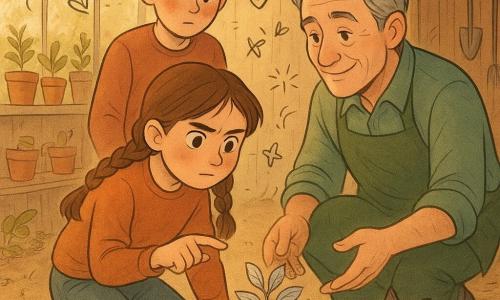 Fille de 10 ans timide mais déterminée, visage rond, tresses brunes, yeux curieux, mains terreuses, accroupie devant un petit sac de toile entrouvert contenant feuilles argentées, pointant la plante retrouvée ; garçon d’environ 13 ans (Paulin), teint clair, cheveux courts châtains, penaud, joues rouges, debout derrière elle, mains jointes, regard baissé ; homme d’environ 50 ans (M. Martin), peau ridée, cheveux gris, en blouse verte de pépiniériste, accroupi, souriant et tendant la main vers la plante ; chat gris aux yeux vifs, moustaches pleines de pollen, se frottant à la jambe de la fille près du sac ; serre en verre et vieille remise en bois attenante, pots en terre, terre fraîche renversée, outils accrochés, lumière de fin d’après-midi filtrant par des vitres poussiéreuses et longues ombres de feuilles ; scène de découverte et restitution d’une plante rare, ambiance chaleureuse et réparatrice, palette ocre/vert tendre/argent, textures visibles (terre, toile, bois, verre), style illustratif doux avec lignes nettes et petits doodles (empreintes, flèches, étoiles) soulignant l’enquête.