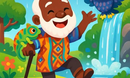 Un vieil homme nommé Kofi, avec une barbe blanche et des yeux sages, se tient au centre de la scène, souriant. Il porte une tunique colorée en tissu africain et tient une canne en bois d’ébène. À ses côtés, un petit caméléon aux couleurs éclatantes grimpe sur son épaule. En arrière-plan, un esprit malicieux nommé Nzuri, avec des yeux brillants et un manteau de plumes, observe la scène caché derrière une cascade. Le lieu est une colline colorée, parsemée de fleurs et de grands arbres, sous un ciel bleu clair. Kofi danse joyeusement avec Nzuri, tandis que des gouttes de pluie commencent à tomber, nourrissant la terre et faisant briller les couleurs de la nature.