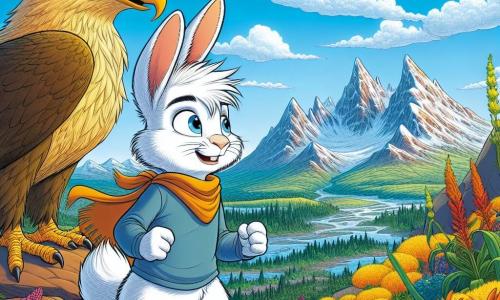 Théo, un lapin aux grandes oreilles et à la fourrure blanche, se tient sur un rocher, émerveillé par un paysage enchanteur. Ses yeux brillent d'excitation et de détermination. À côté de lui, un aigle aux plumes dorées, sage et encourageant, semble prêt à partager sa sagesse. Ils se trouvent sur la Montagne de Contemplation, entourés de sommets enneigés, d'un ciel bleu et de fleurs colorées. Théo réfléchit à sa place dans le monde, prêt à embrasser les leçons de son voyage.