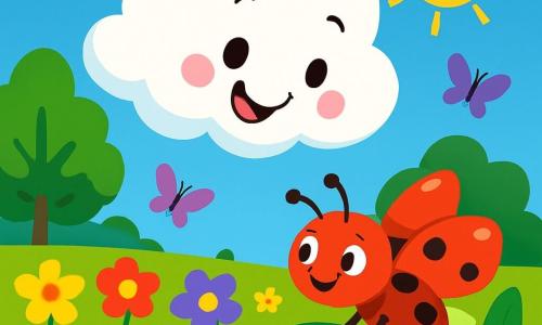 Un petit nuage blanc et rond flotte dans un ciel bleu avec un grand sourire, curieux d'observer un champ de fleurs colorées en dessous. Près de lui, une coccinelle rouge à pois noirs grimpe sur une feuille verte, admirant le nuage avec ses ailes brillantes prêtes à s'envoler. Le champ est rempli de fleurs jaunes, rouges et violettes sous un ciel ensoleillé, avec des arbres majestueux en arrière-plan et des papillons colorés qui ajoutent de la magie à la scène. Le nuage descend doucement vers le champ, prêt à découvrir la beauté de la nature et à rencontrer ses nouveaux amis.