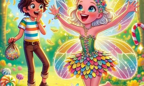 Une fée pétillante nommée Paillette, avec des ailes scintillantes aux couleurs de l'arc-en-ciel, danse joyeusement dans une clairière ensoleillée. Son visage est illuminé par un large sourire, et elle porte une robe en pétales de fleurs multicolores. À proximité, Léo, un garçon de 10 ans aux cheveux couleur chocolat et aux yeux pétillants, observe la fée avec émerveillement. Il est vêtu d'un t-shirt rayé et d'un short en jean, tenant un sac rempli de plumes chatoyantes. La clairière est entourée d'arbres en sucre d'orge, avec un sol en mousse et des fleurs en bonbon dansant au vent. Paillette et Léo préparent une blague enchantée pour faire rire le village, tandis qu'une pluie de paillettes dorées tombe autour d'eux, créant une atmosphère festive.