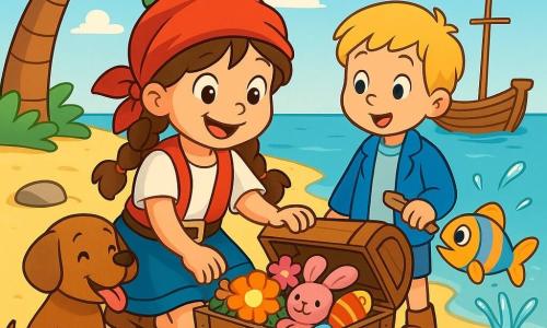 Une fillette pirate d’environ 8 ans au visage rond et sourire large, chapeau rouge froissé, cheveux bruns en deux nattes et yeux pétillants, est assise sur le sable en train d’ouvrir un coffre en bois rempli de fleurs, gâteaux colorés et doudou ; à ses côtés un garçon d’environ 6 ans aux cheveux blonds et petite veste bleue tient une petite pelle, émerveillé, un petit chien brun remuant la queue est assis près d’elle, un poisson coloré saute hors de l’eau à droite du bateau en projetant des éclaboussures, le tout sur une île au sable doré avec une palme penchée, coquillages roses, rochers lisses et un bateau en bois miniature amarré, sous une douce lumière de soleil créant une ambiance chaleureuse, câline et ludique.