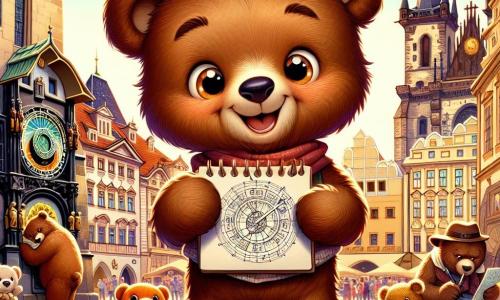 Oscar, un ours brun aux yeux pétillants et à la fourrure douce, est sur la place de la Vieille Ville de Prague, souriant, avec son carnet de croquis dans une patte et son doudou Mini-O dans l'autre. Sa maman ours, au pelage doré, le regarde tendrement, tandis que son papa ours, robuste et avec un chapeau de voyage, examine une carte. La place est animée, entourée de bâtiments colorés et de l'horloge astronomique majestueuse en arrière-plan, ses aiguilles dorées scintillant au soleil. Oscar, excité, s'apprête à dessiner l'horloge tout en cherchant son doudou Mini-O qui vient de tomber, créant une atmosphère d'aventure.