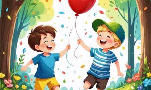 Illustration d'un parc ensoleillé avec de grands arbres aux feuilles vertes et des fleurs colorées. Au centre, un petit garçon de 6 ans, aux cheveux châtains et aux yeux pétillants, court après un ballon rouge. Il porte un t-shirt bleu et un short jaune, son visage rayonnant de joie. À ses côtés, un autre garçon de 6 ans, aux cheveux blonds et aux yeux clairs, tient le ballon rouge en riant. Il est vêtu d'une casquette verte et d'un t-shirt rayé. La scène dégage une atmosphère de joie, avec des papillons colorés volant autour, un ciel bleu parsemé de nuages blancs et une herbe d'un vert éclatant.