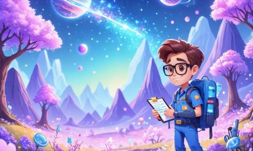 Illustration d'un paysage coloré de la planète Zog, avec des arbres violets scintillants, des montagnes roses et des rivières d'argent sous un ciel bleu éclatant. Au premier plan, un homme aux cheveux bruns en désordre, avec de grands yeux brillants et un sourire enthousiaste, porte un uniforme spatial et tient un sac à dos rempli d'outils de cuisine, émerveillé par des fleurs chantantes qui dansent autour de lui. À ses côtés, une jeune femme d'environ 30 ans, blonde et portant des lunettes, examine un fruit lumineux tout en prenant des notes sur une tablette. La scène évoque une atmosphère d'exploration joyeuse, avec des éclats de lumière des plantes étranges et des étoiles scintillantes dans le ciel. Des échantillons de fruits et légumes colorés sont éparpillés autour d'eux, illustrant leur découverte d'ingrédients extraordinaires sur cette planète fascinante.