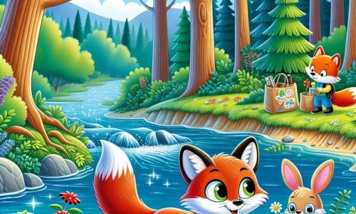 Illustration d'une forêt verdoyante au bord d'une rivière scintillante, avec des arbres majestueux aux troncs épais et des fleurs colorées. Au premier plan, un renard de 11 ans avec une fourrure rousse et des yeux curieux observe l'eau, tenant un panneau fait maison sur la protection de l'environnement. À ses côtés, une lapine de 11 ans ramasse des déchets, déterminée et joyeuse. En arrière-plan, un hibou sage, perché sur une branche, regarde la scène. Les trois amis agissent ensemble pour nettoyer la rivière, entourés de déchets, symbolisant leur lutte contre la pollution, sous des rayons de soleil qui créent une atmosphère d'espoir et de camaraderie, avec des oiseaux colorés dans le ciel.